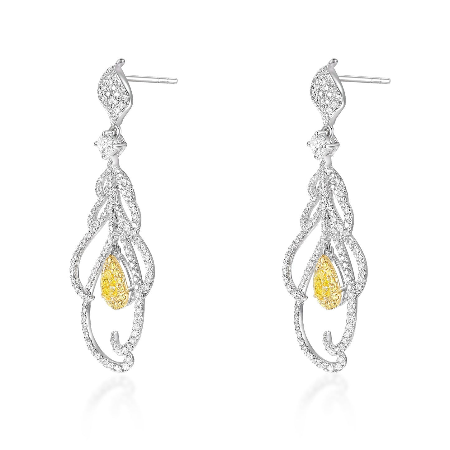 Yellow Diamond Pear-Shaped Cut Feather-Shaped Earrings 