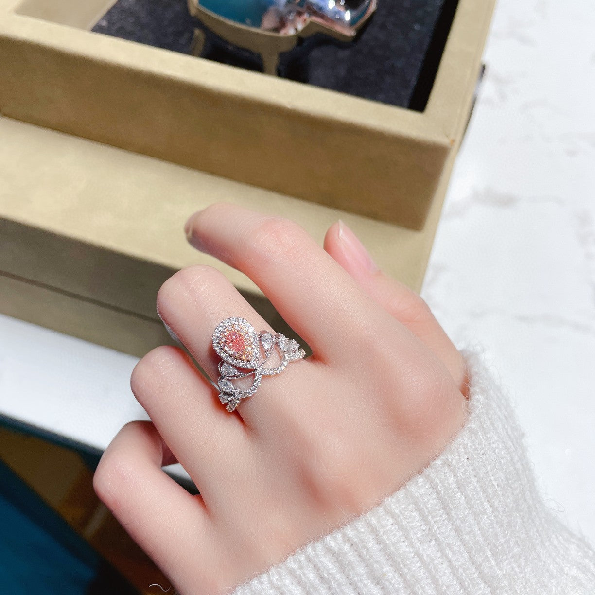 Light Pink Pear-shaped wedding ring | Free worldwide shipping